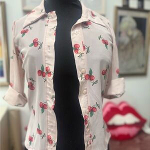 Vintage Cherry Print Button-Up Blouse